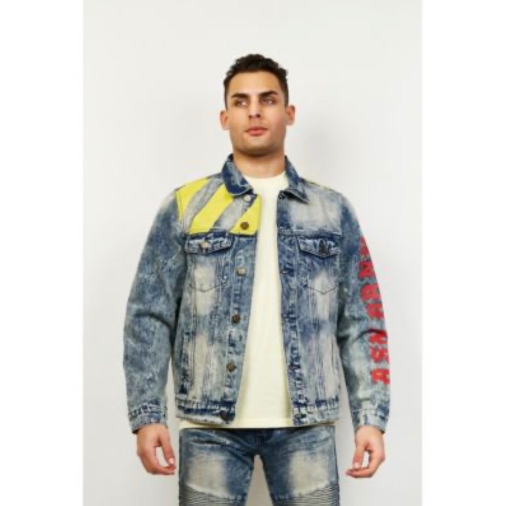 Reason Caution Denim Jacket Graphic Sleeve Streetwear Acid Wash‎ Men M Trucker